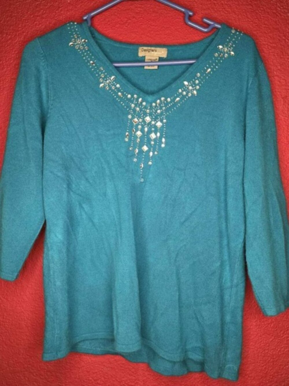 Designers Lovely 3/4 Sleeve Embellished Teal Knit Top Sweater‎